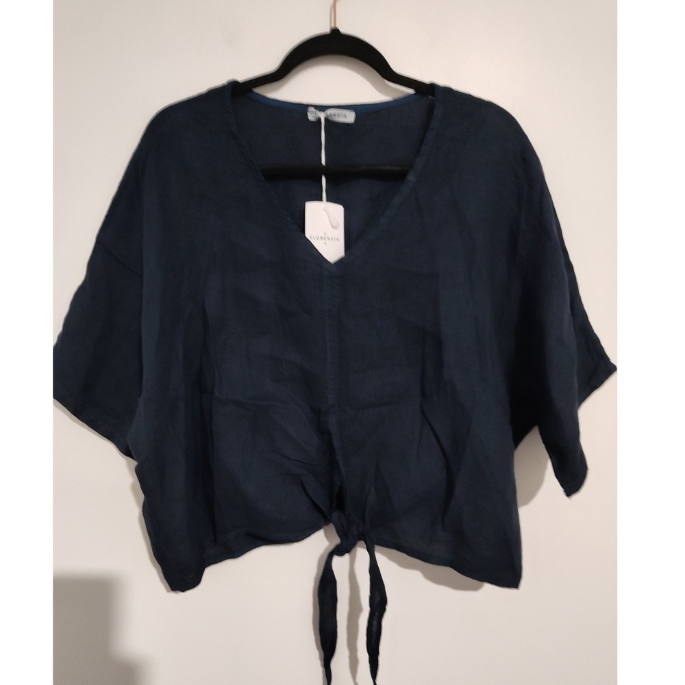 Florencia Navy Blue 100% Linen Tie Front V-Neck Blouse Made in Italy NWT